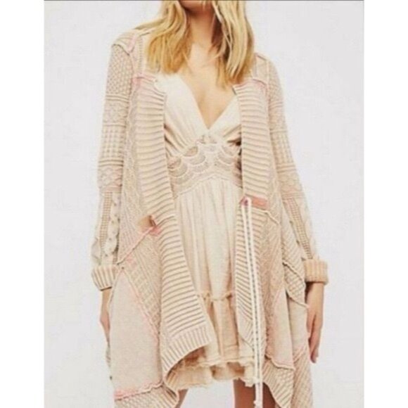 RARE Free People Beige Asymmetrical Waterfall Cardigan | Coastal Boho Grunge S - Picture 1 of 16